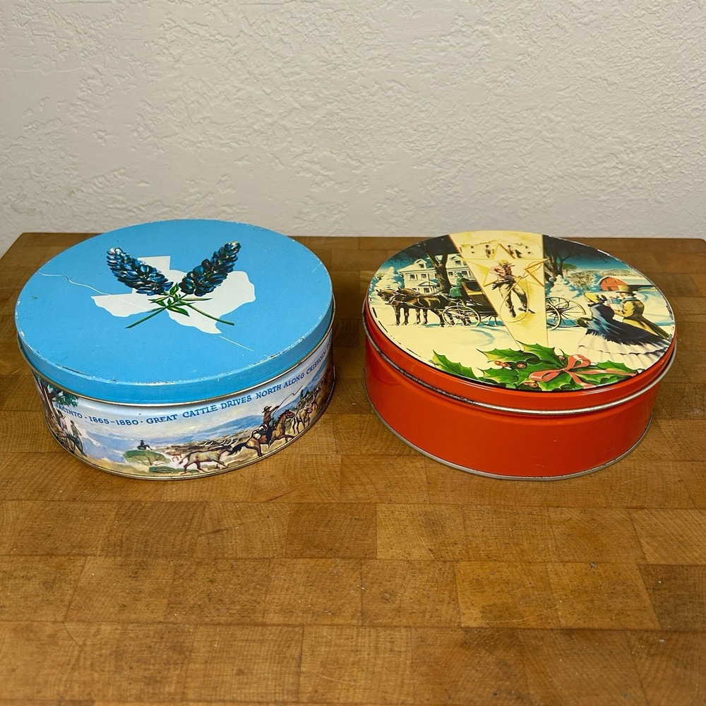 Set of 2 VTG Round Advertising Tins - Collin St Bakery /Manor Texas History